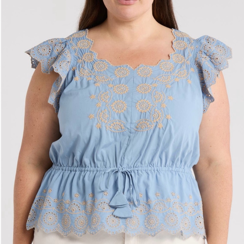 DEMOCRACY EMBROIDERED PEPLUM TOP PLUS EYELET FLUTTER SLEEVE BLUE/KHAKI SIZE 2X *